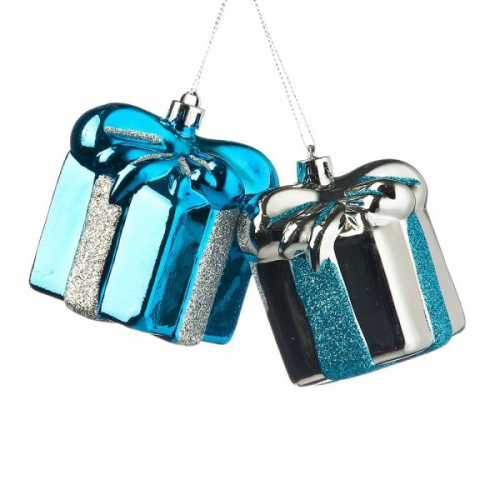 Village people   украшение-подвеска новогоднее подарок с бантом синий/серебро 7см пластик 65168